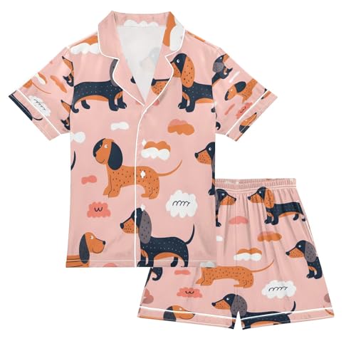 senya Pajama Sets Silky Button Down Nightwear Sleepwear Size 5-14 Years Cute Seamless Pattern with Dogs