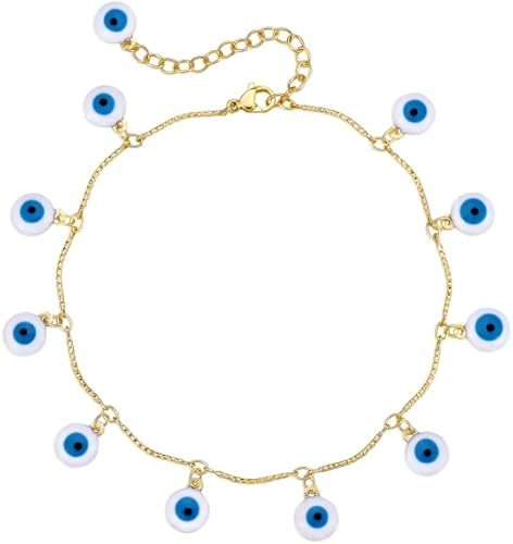 Dremmy Studios Blue Evil Eye Dangle Anklet Bracelet for Women,14K Gold Plated Danity Evil Eye Anklet Beach Foot Chain Lucky Protection Jewelry Birthday Gift for Women Girls