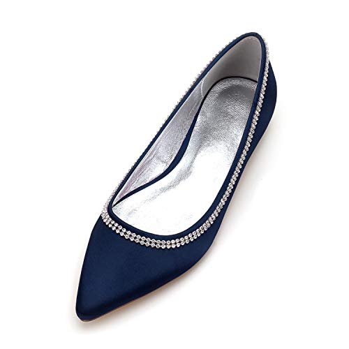 Eldecey Women's Satin Flats Wedding Shoes Bridal Flats Pointed Toe Slip on Prom Evening Bridal Party Dress Shoes Flats Navy Blue US10