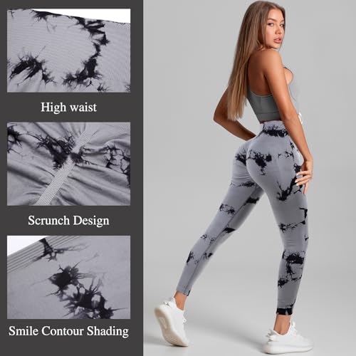Geyoga Pacote com 3 leggings femininas tie dye, sem costura, com elástico na barriga, levanta bumbum