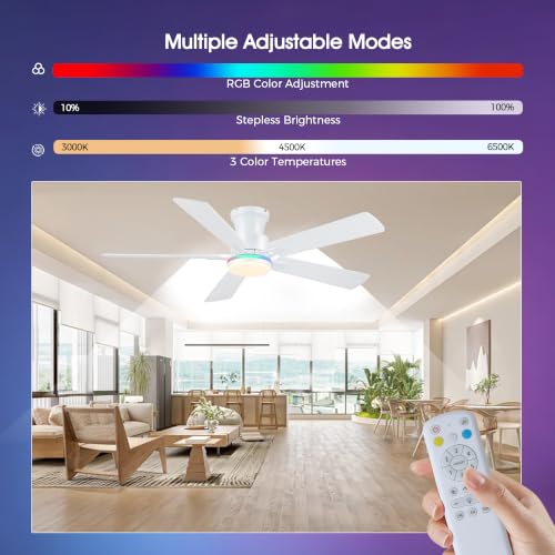 Image of JSAITEE 52in Flush Mount Ceiling Fans with Lights Low Profile, White RGB | Ceiling Fans with Lights Flush Mount Low Profile, Reversible Motor, 3CCT Dimmable, Noiseless, 6 Speeds, White Modern