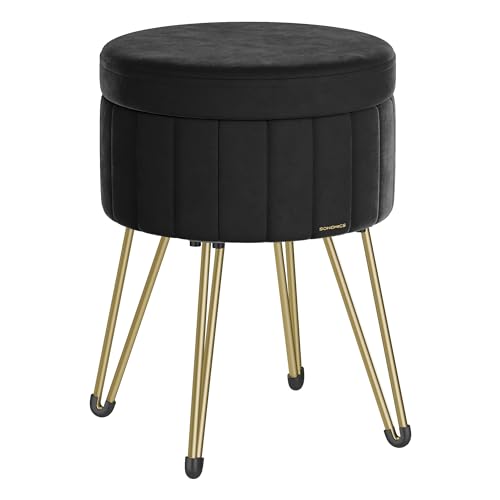 SONGMICS Puff Almacenaje, Baul Almacenaje, Banco Almacenaje Redondo, Taburete de Tocador de Terciopelo, 39 x 44,4 cm, 4 Patas de Metal, Asiento Acolchado, Negro Tinta LOM003B01