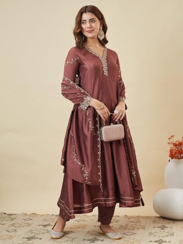Image of MOKOSH Women's Silk Embroidery Anarkali Kurta Pant with Dupatta | Anarkali Kurta Set |Ethnic Kurta Set for Women |Floral Kurta 7 Colour Options Available |3 Piece Outfit