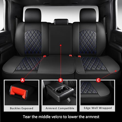 Image of MIROZO Dodge Ram Seat Covers Full Set for 2009-2026 Ram 1500 /2500 /3500,Blue | Leather Ram Seat Cover,Waterproof Truck Seat Covers,Blue Car Seat Cover,Heavy Duty Seat Covers With Split Flat Bench 40 /60