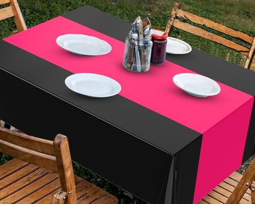 Image of Oudain 6 Pcs Plastic Table Cloths Disposable 54 inch x 108 inch, Hot Pink, Black