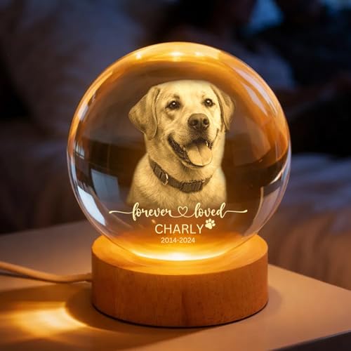 GABITA Personalized 3D Photo Crystal Ball, Custom Engraved Picture Lamp with Wood Base, Night Light for Dog Lovers, Loss of Pet Sympathy Gift Night Light, Dog Memorial Gifts, Custom Photo Portrait