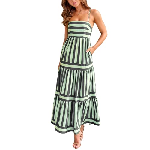 Image of Yuemengxuan Boho Maxi Dresses for Women Spaghetti Strap Flowy Smocked Long Dress Casual Summer Vacation Beach Maxi Dress