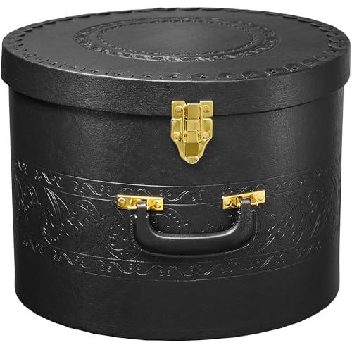 creative scents large hat box for men & women storage- round hat box container easy travel with gold locking lid and sturdy handle great for carrying & protecting round hats and caps. (black)