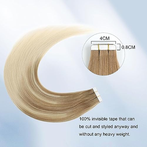 Image of Sixstarhair Invisible Tape In Hair Extensions Real Human Hair Balayage Blonde with Light Chestnut Brown Fading to Platinum Blonde Hair Extensions 20 Pcs 50g [Color #B8-60 20 inch]