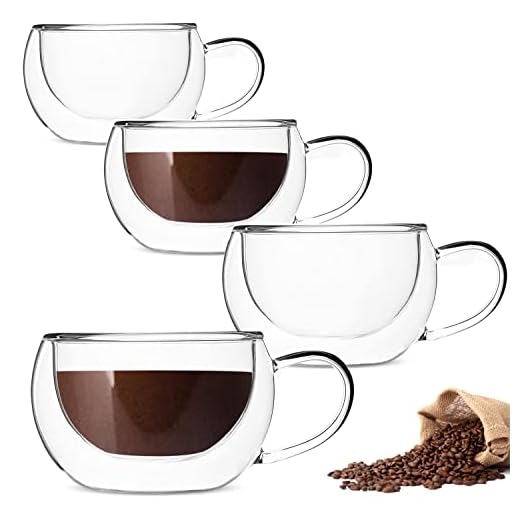 DeeCoo Double Wall Cappuccino Glass Mugs 9.5oz, Clear Coffee Mug Set of 4 Espresso Mug Cups,Double Wall Insulated Glass Mug with Handles (Latte Glasses,Tea)