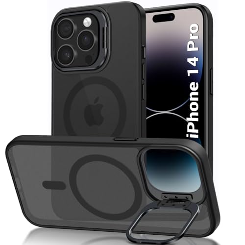 Image of TheGiftKart Hybrid Matte Frosted Back Cover Case for iPhone 14 PRO Compatible with MagSafe | Built-in Stand | Shockproof Hard Back Case Cover for iPhone 14 PRO (PC & TPU, Translucent Black)