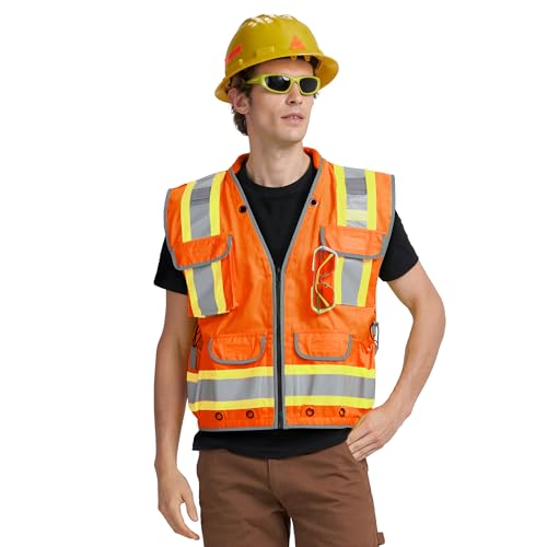 AYKRM Heavy Woven cotton High Vis Reflective work construction safety vest for men Class 2 with ipad Cargo Pockets