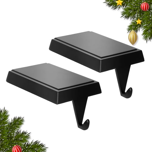 SINTENILL Christmas Stocking Holders for Mantle Set of 2, Heavy Weighted Metal Stocking Holders Hangers Low Profile Stocking Hooks Bases for Fireplace Table Xmas Holiday Party Decoration, Black
