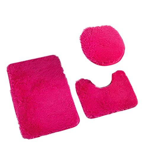 3PCS Soft Microfiber Bathroom Rugs Sets,Non-Slip Bath Mat Fluffy Plush Toilet Seat Cover for Bathroom,Water Absorbent Bathmat,Machine Washable (Hot Pink)