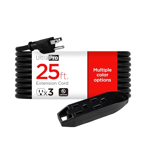 UltraPro 25 Ft Outdoor Extension Cord 3 Outlet Extension Cords Outlet Power Strip Long Extension Cord with Multiple Outlets Grounded Heavy Duty Extension Cord 16 Gauge UL Listed Black 36825