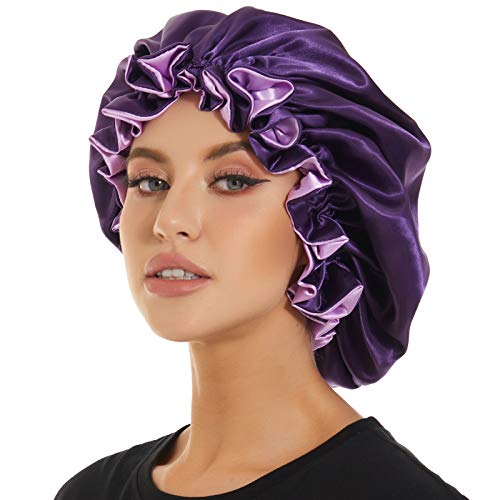 Aibilye Satin Bonnet Double Layer Sleep cap, Silk Bonnets for Black Women, Curly Cap for Sleeping Silk Sleep Cap Hair Bonnet (Dark Purple)