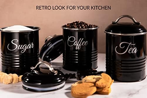INNOTECK Essentials Tea, Coffee, Sugar, Canister Set - Decorative Kitchen Food Storage - Easy to Open Airtight Lids - Storage Tin for Your Favorite Tea, Sugar, and Coffee - Set of 3 Canisters Black