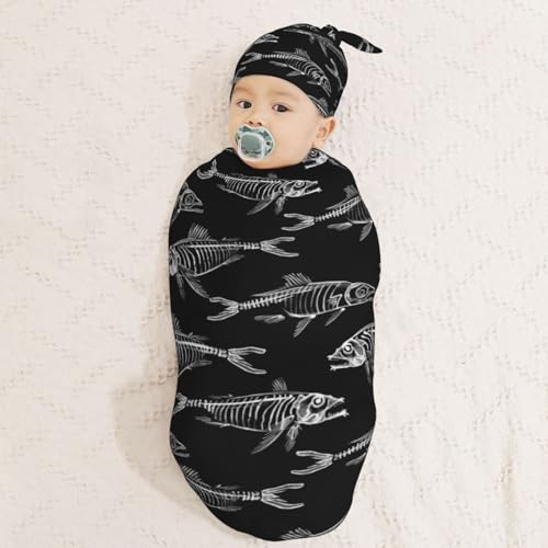 Image of Black White Bones Fish Lover Newborn Swaddle Blankets Hat Sets Soft Baby Receiving Blanket Swaddle Sack for Baby Shower Infant Boy Girl Gift