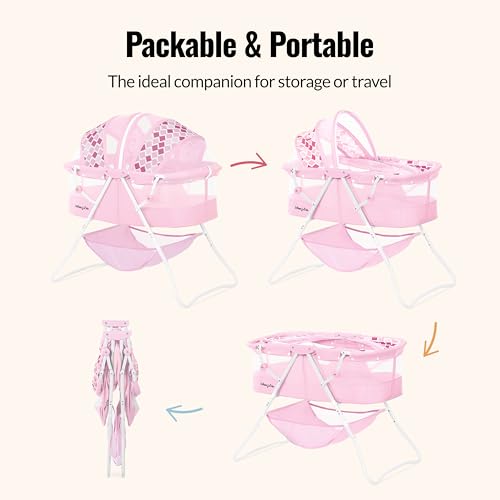 Image of Dream On Me Karley Portable Newborn Bassinet with Double Mesh Canopy, Foldable Travel Bassinet with Storage Basket, Lightweight, Indoor Outdoor Use, Rose