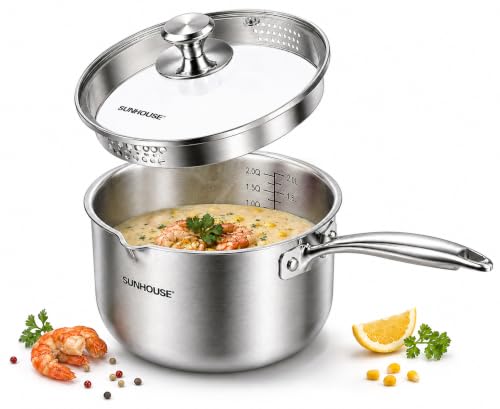 Image of SUNHOUSE 3QT Stainless Steel Saucepan with Pour Spout & Strainer Glass Lid | Tri-Ply Full Clad Stainless Steel Small Sauce Pan for Cooking, Multipurpose Pasta Pot, Dual Pour Spouts, Induction Compatible