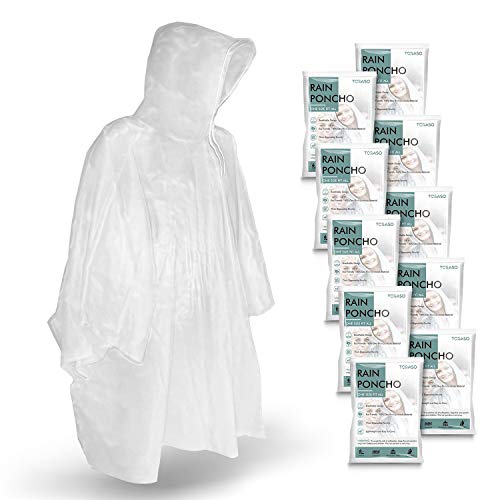TORASO Rain Ponchos for Adults disposable - Clear Poncho with Hood for Men, Women and teens - Waterproof Emergency kit - One Size Fits All - for Concerts, Disneyland, Outdoors, Hiking, Camping-10 Pack