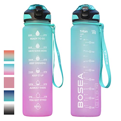 Motivational Water Bottle 32oz with Straw Lid Time Marker BPA Free Fitness Sports Motivational Water Bottles with Flip Lid Large Wide Mouth Spill proof Leakproof Water Jug,Green Purple