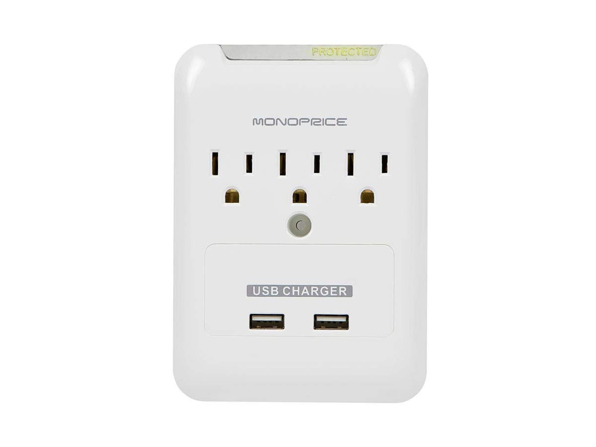 Monoprice Power & Surge - 3 Outlet Power Surge Protector Wall Tap With 2 Built In 2.1A USB Ports - White | UL Rated540 Joules With Protected Light Indicator