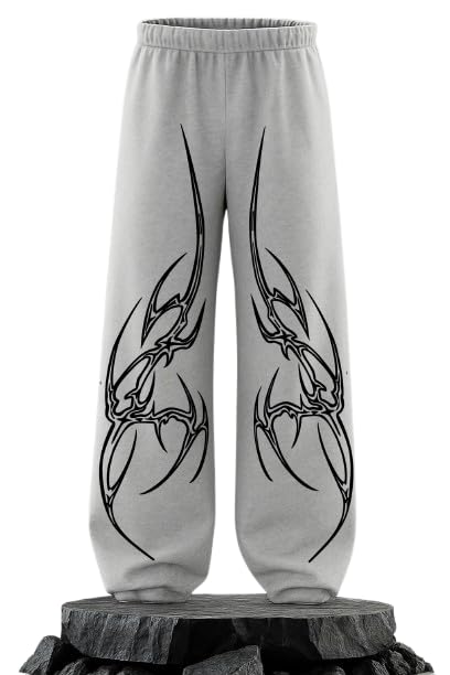 Men's Black Wide Leg Track Pant, White Tribal Graphic Print, High Waist Loose Fit, Streetwear Casual Trouser-picture-19