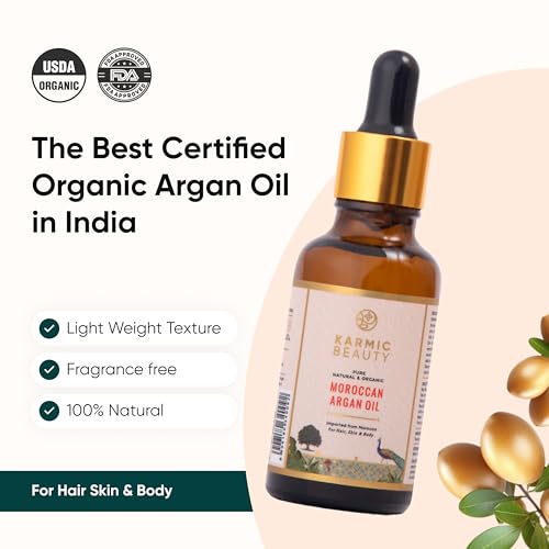 Image of Karmic Beauty 100% Pure Moroccan Argan Oil | Pure, Natural, Cold Pressed & Organic | USDA Certified | Lightweight, Non-Greasy & Luxurious Oil | Ideal for all Hair, Face, Skin & Body Types | 50 ml