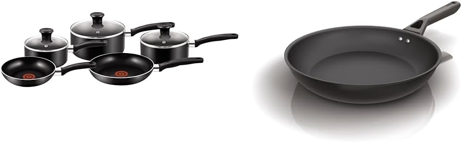 Tefal Essential, Aluminium Pots and Pans Set, 16 cm, 18 cm and 20 cm Saucepans with Lids, 20 cm and 24 cm Frying Pans, Black, B372S544 & Ninja ZEROSTICK Classic Cookware 28cm Frying Pan, Non-Stick