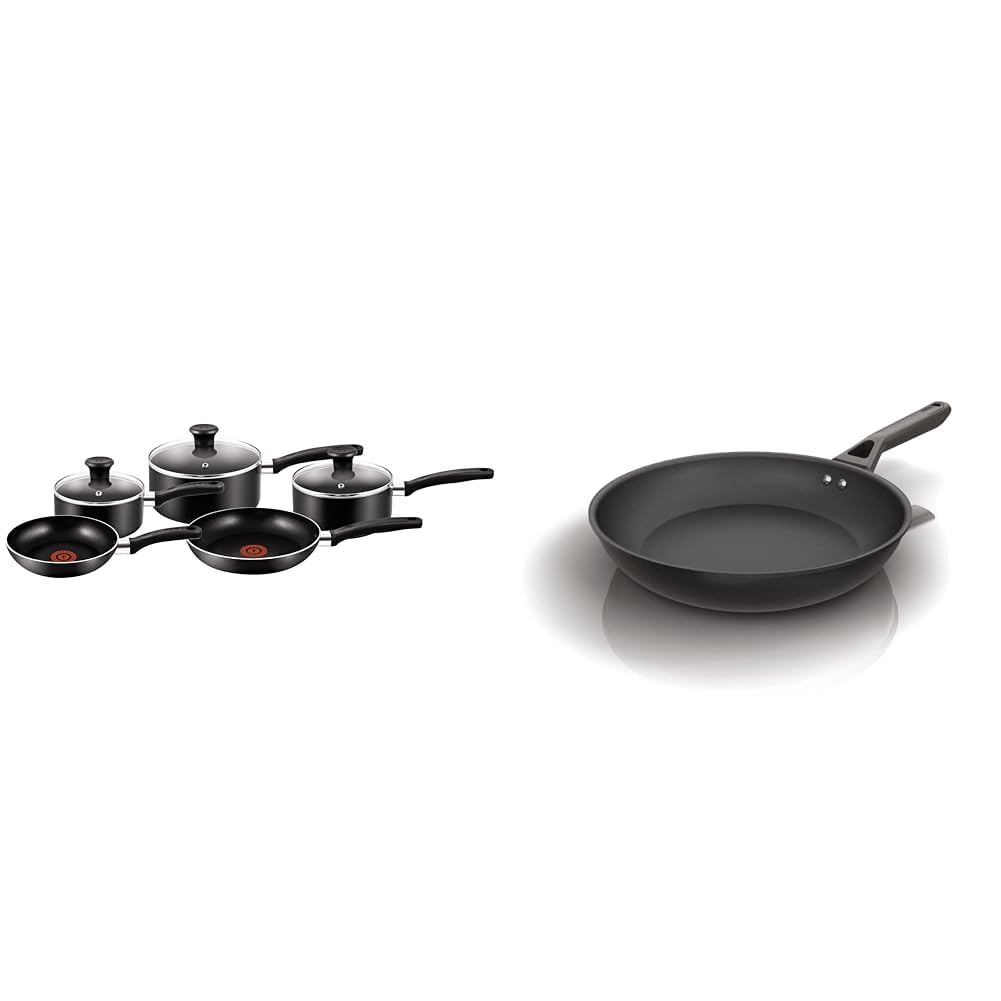 Tefal Essential, Aluminium Pots and Pans Set, 16 cm, 18 cm and 20 cm Saucepans with Lids, 20 cm and 24 cm Frying Pans, Black, B372S544 & Ninja ZEROSTICK Classic Cookware 28cm Frying Pan, Non-Stick