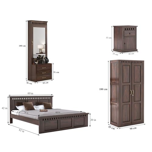 Image of SONA ART & CRAFTS Kuber Solid Sheesham Wood Bedroom Set | Queen Size Bed Without Storage, Wardrobe, Dressing Table & Two Bedside Tables - Walnut Finish (Assembly Included)