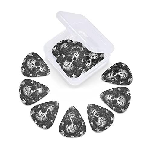 Sugar Skull Black Guitar Picks For Electric Acoustic Bass Guitar & Ukelele (12 Pack Includes Thin Medium Heavy With Plastic Picks Box) #TOP4