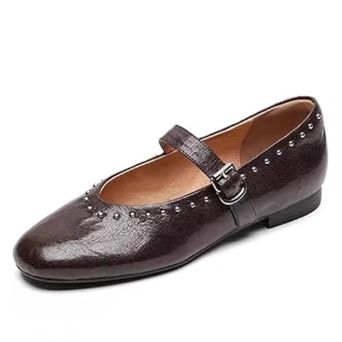 Women's Leather Flats Mary Jane Pumps Comfort Square Toe Low Chunky Heel with Buckle Strap Dress Shoes Casual Work Flats
