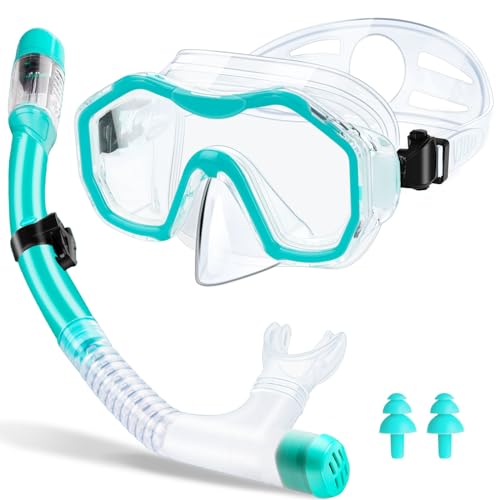 Tmysim Set de Snorkeling Mascara e Tubo para Adulto,Gafas y Tubo de Snorkel Set para Adulto,Panorámica de 180° Gafas y Máscaras de Buceo de Templado y Dry Top Snorkel, a Prueba de Fugas (Aqua Green)