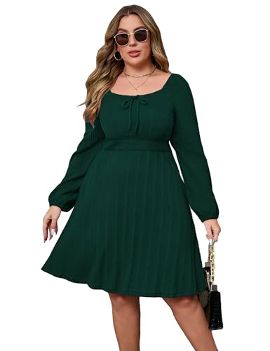 Image of KOJOOIN Womens Plus Size Sweater Knit Dress Square Neck Long Sleeves Tie Front Casual Midi Pullover Fall Dress with Pockets