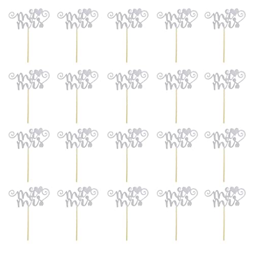 HEAVENGLOW 20xGlitter Wedding Mr & Mrs Heart Cake Cupcake Topper Pick Decor Silver