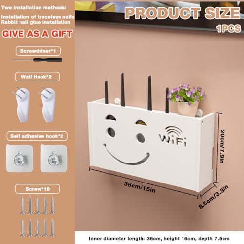 Image of HASTHIP Wall-Mount Router Holder Box, Fashion Cutout Smiley Face Storage for WiFi Routers & TV Set-Top Boxes, No-Drill, 38x8.5x20cm