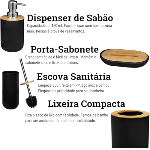 Kit Banheiro Completo 6 Peças com Acabamento em Bambu – Lixeira, Escova Sanitária, Dispenser de Loçã