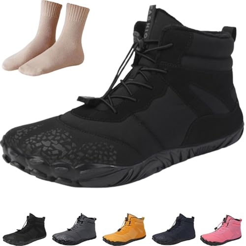 Hike Winter Footwear Barefoot Womens Men, Waterproof Non-Slip Snow Shoes, Casual Outdoor Warm Minimalist Walking Boots (Black, M, Adult, Women's, 9.5, Digital, US Shoe System, Medium (Medium))
