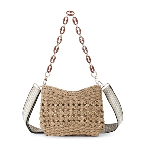 Fecialy Handmade Straw Crossbody Bag for Women Chic Summer Woven Shoulder Bag Beach Handbag with Chain