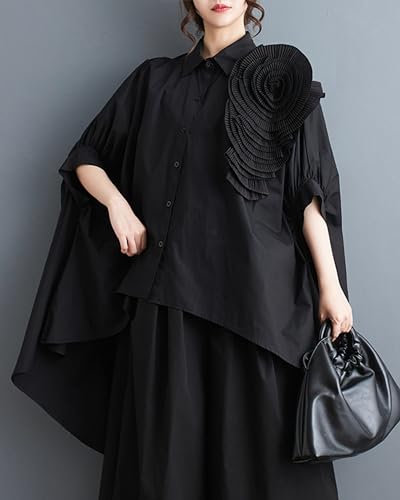 ellazhu Women Half Batwing Sleeves Flower Solid Color Button Down High Low Shirt T-Shirt GZ1882