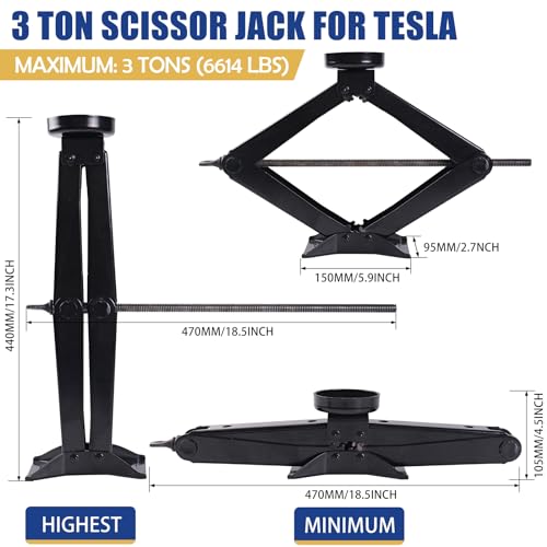 Image of Car Jack Kit for Tesla Cars | Scissor Jack | Max 3 ton (6,600 lbs) | Suitable for Tesla Model 3 /Model S /Model X /Model Y. Comes with Labor-Saving Wrench /Bracket Pad, Black