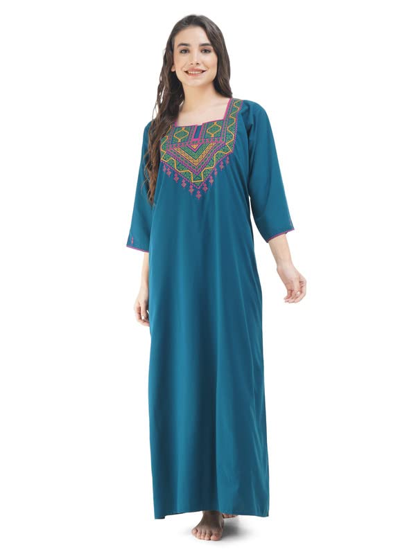 Lissybissy Cotton Women Gown - Free Size with Side Pocket | Embro...