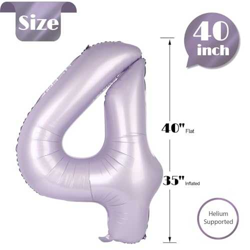 Image of Lilac 4 Balloon, Number Balloons 40 Inch, Lavender 4th Birthday Decorations Four Large Numbers for Party Decor, Number 4 Balloon