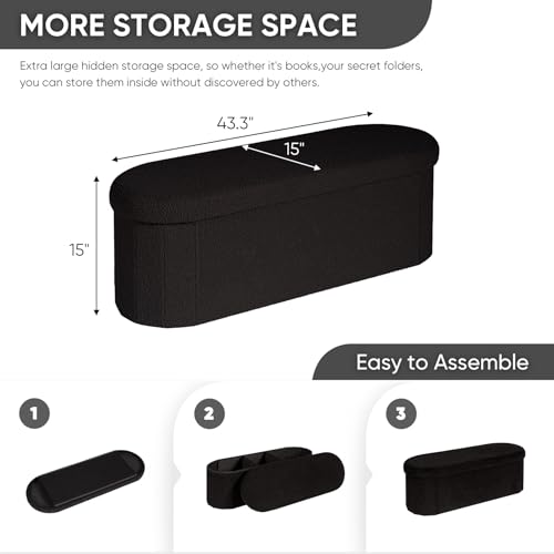 Image of B FSOBEIIALEO Ottoman with Storage for Living Room, Sherpa Folding Storage Ottoman Foot Rest, 43.3 Inches Collapsible Bedroom Bench Black