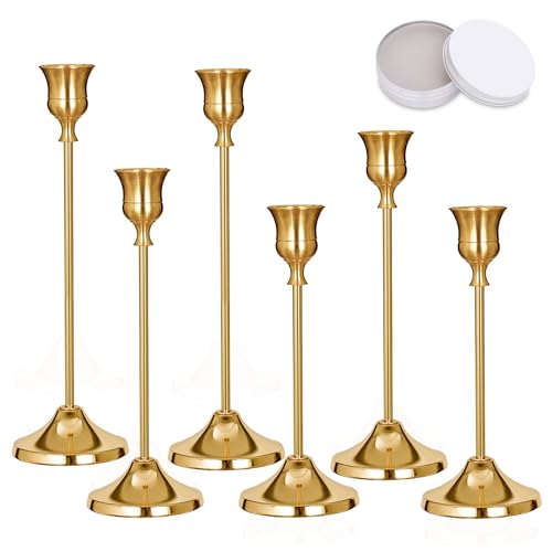 Romcanmy Candlestick Holders, 6 PCS Brass Gold Metal Taper Candle Holder with Adhesive Wax fits 3/4 Inch Long Candles, Vintage Modern Candle Holders for Table Mantel Wedding Housewarming Gift