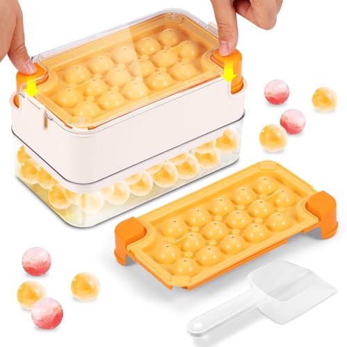Bac à glaçons avec couvercle et récipient – 2 bacs à glaçons ronds + pelle à glace + récipient à glace, plateaux à glaçons faciles à détacher