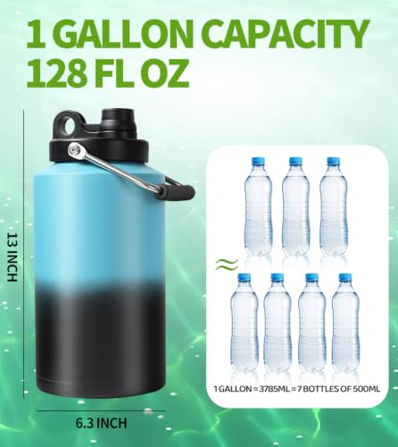 Image of Insulated Water Bottle,1 Gallon Jug with Handle, 128oz Stainless Steel, Large Water Wide Mouth Bottle for Hot & Cold Drinks, Ideal for Travel, Camping, Family (Blue)