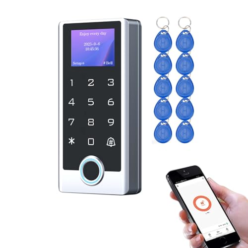 Controlador de Acceso WiFi Tuya con Huella Dactilar – Teclado Táctil Retroiluminado IP68 con Pantalla LCD, 125kHz, WG26/34, + 10 Llaveros RFID, para Viviendas, Oficinas y Alquileres de Corta Duración